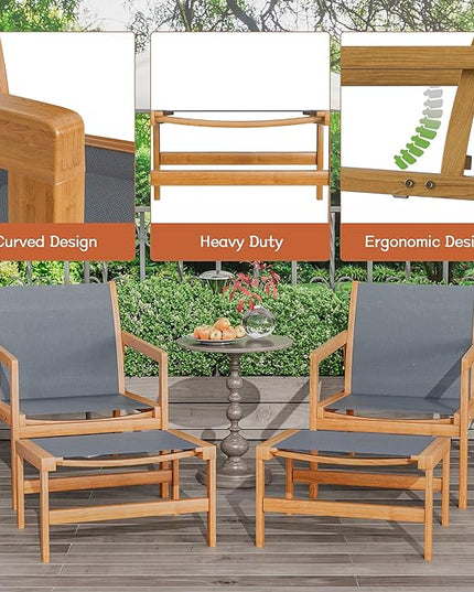 Greesum 4 Piece Furniture Outdoor Acacia Wood Chair with Ottoman for Porch, Balcony, Deck, Patio, Backyard, Gray - LeafyLoom