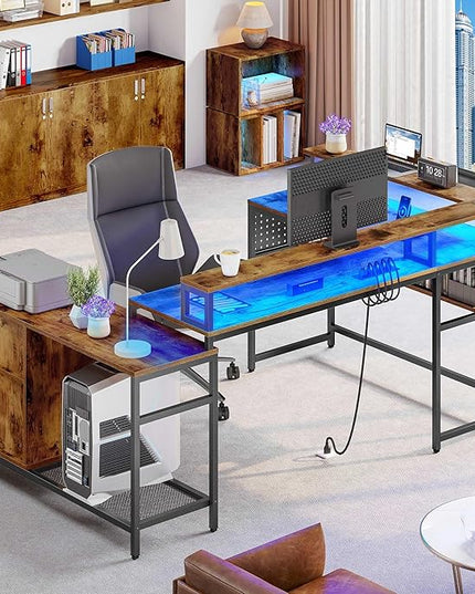 YITAHOME U Shaped Desk, L Shaped Desk with Drawers, Reversible Computer Desk with Power Outlets & LED Lights, Corner Desk Office Desk with Monitor Stand & Storage Shelves, Rustic Brown - LeafyLoom