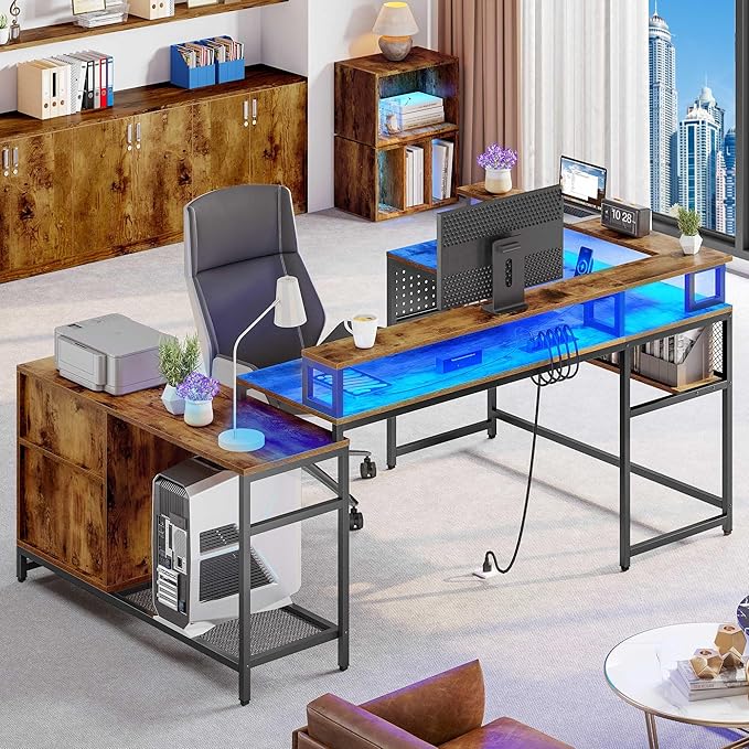 YITAHOME U Shaped Desk, L Shaped Desk with Drawers, Reversible Computer Desk with Power Outlets & LED Lights, Corner Desk Office Desk with Monitor Stand & Storage Shelves, Rustic Brown - LeafyLoom