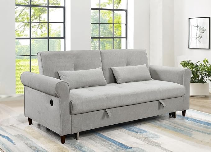 Queen Size Loveseat Sleeper Sofa,3 in 1 Soft Linen Upholstered Oversized Convertible Love Seat Sofabed cum Daybed W/Pull Out Sleep Couch Bed and USB Charging Ports for Living Space, 77.5", Grey - LeafyLoom