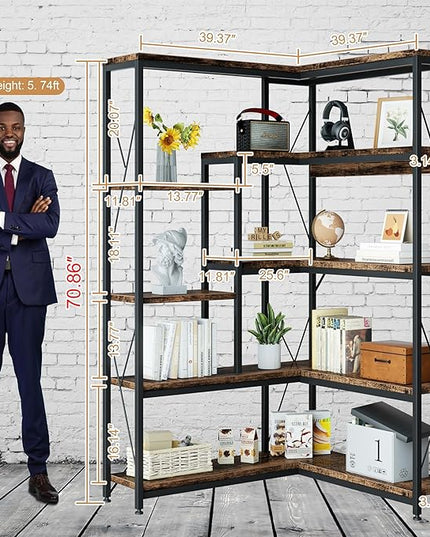 Shintenchi 5 Tiers Corner Bookshelf, 70.86" Tall L-Shaped Bookcase, Large Corner Etagere Bookcase, Corner Shelf Display Storage Rack with Metal Frame for Living Room Home Office, Rustic Brown - LeafyLoom