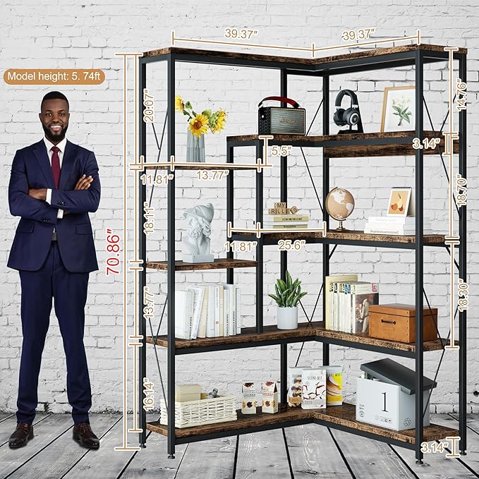 Shintenchi 5 Tiers Corner Bookshelf, 70.86" Tall L-Shaped Bookcase, Large Corner Etagere Bookcase, Corner Shelf Display Storage Rack with Metal Frame for Living Room Home Office, Rustic Brown - LeafyLoom