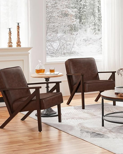 Yaheetech Accent Chair, Armchair with Strong Wood Frame, PU Leather Modern Retro Lounge Chair for Living Room/Lounge/Office/Reception Area, 2 Pieces, Dark Brown - LeafyLoom