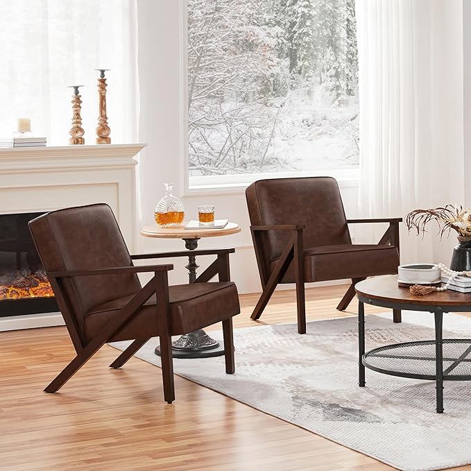 Yaheetech Accent Chair, Armchair with Strong Wood Frame, PU Leather Modern Retro Lounge Chair for Living Room/Lounge/Office/Reception Area, 2 Pieces, Dark Brown - LeafyLoom