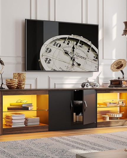 Bestier 70 inch Gaming Entertainment Center with Adjustable Glass Shelves for 75 inch TV, Large Led TV Stand with Two Cabinets, Modern Television Stand for Living Room, Bedroom, Walnut - LeafyLoom