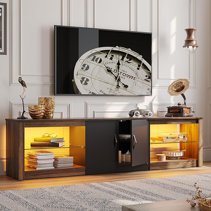 Bestier 70 inch Gaming Entertainment Center with Adjustable Glass Shelves for 75 inch TV, Large Led TV Stand with Two Cabinets, Modern Television Stand for Living Room, Bedroom, Walnut - LeafyLoom