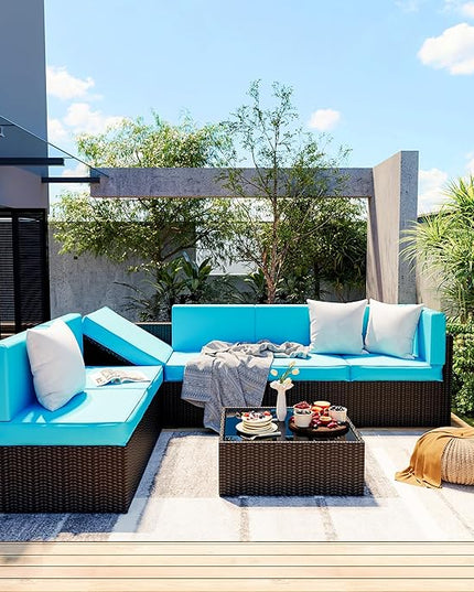 Pamapic Patio Furniture Set, 7 Pieces Modular Outdoor Sectional, Patio Sectional Sofa Conversation Set, Rattan Sofa with Coffee Table and Washable Cushions Covers, Black Rattan and Blue Cushions - LeafyLoom