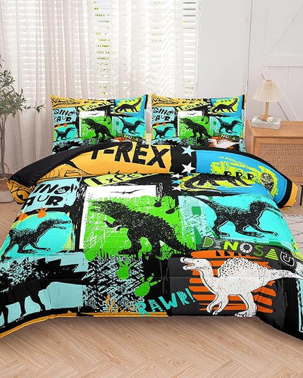 NINENINE Dinosaur Bedding Sets,Watercolor Dinosaur Comforter Set for boys kids,Full Size Comforter Sets for Kids,Colorful Plaid Bedding Set with 1 Comforter 2 Pillowcases… - LeafyLoom
