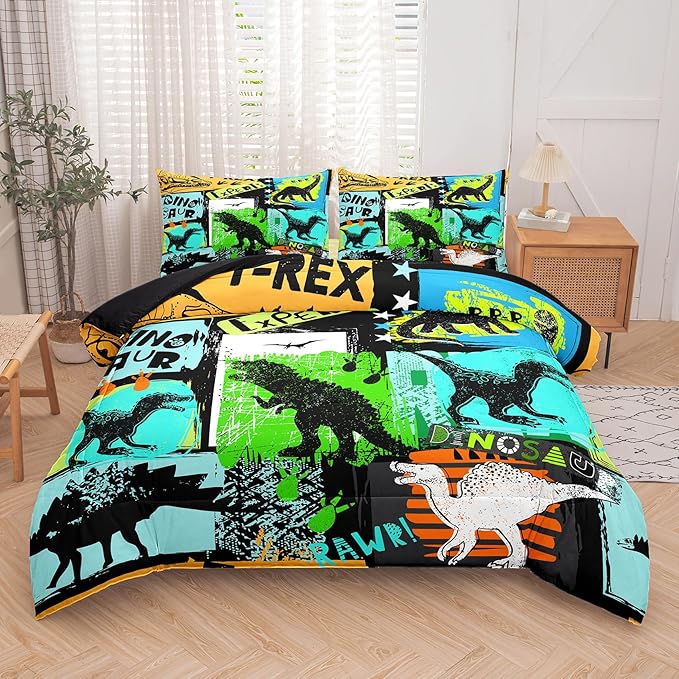 NINENINE Dinosaur Bedding Sets for Kids,Watercolor Dinosaur Comforter Set,Twin Size Bedding Sets for Kids,Colorful Plaid Bedding Set with 1 Comforter 1 Pillowcase… - LeafyLoom
