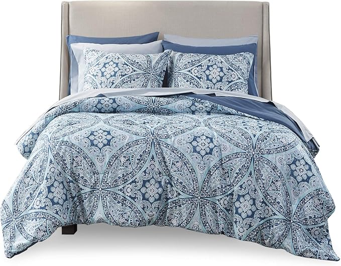 Comfort Spaces Bed in A Bag - Trendy Casual Design Cozy Comforter with Complete Sheet Set with Side Pocket, All Season Cover, Matching Shams, Full(80"x90"), Gloria, Damask Blue 9 Piece - LeafyLoom