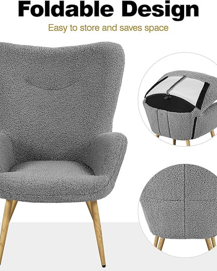 Yaheetech Boucle Accent Chair, Modern Fabric Armchair, Comfy Fluffy Barrel Chair, Reading Chair with High Folding Backrest and Metal Legs for Living Room/Bedroom/Home/Office, Gray - LeafyLoom