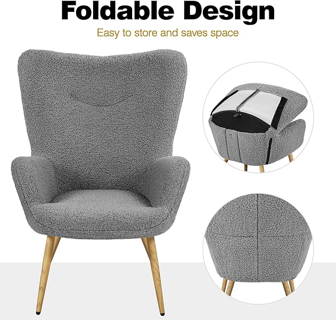 Yaheetech Boucle Accent Chair, Modern Fabric Armchair, Comfy Fluffy Barrel Chair, Reading Chair with High Folding Backrest and Metal Legs for Living Room/Bedroom/Home/Office, Gray - LeafyLoom