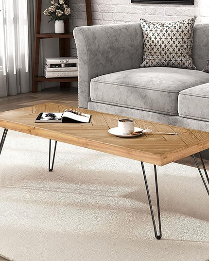 Modern Wood Coffee Table, 1.9 "thickness Coffee Table for Living Room Chevron Pattern & Metal Hairpin Legs - LeafyLoom