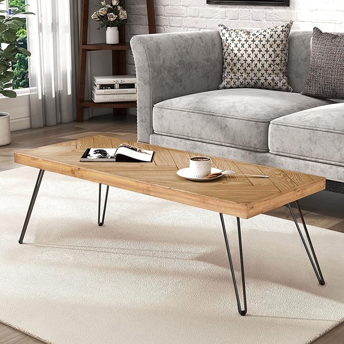 Modern Wood Coffee Table, 1.9 "thickness Coffee Table for Living Room Chevron Pattern & Metal Hairpin Legs - LeafyLoom