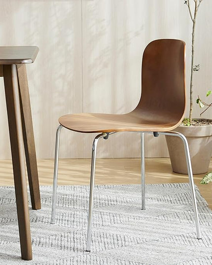 Livinia No.10 Mid-Century Modern Wooden Dining Chairs Set of 2, Contemporary Bentwood Kitchen Interior Armless Chairs with Steel Legs (Walnut) - LeafyLoom