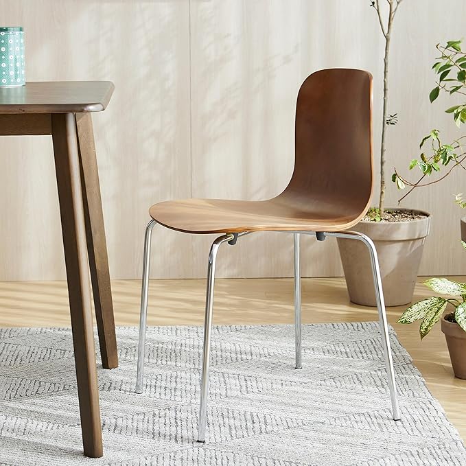 Livinia No.10 Mid-Century Modern Wooden Dining Chairs Set of 2, Contemporary Bentwood Kitchen Interior Armless Chairs with Steel Legs (Walnut) - LeafyLoom