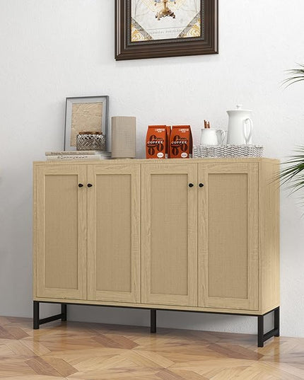 Panana Sideboard Accent Storage Cabinet with Rattan Decorated 4 Doors Dining Room Freestanding Kitchen Buffet Table Cupboard (Natural) - LeafyLoom