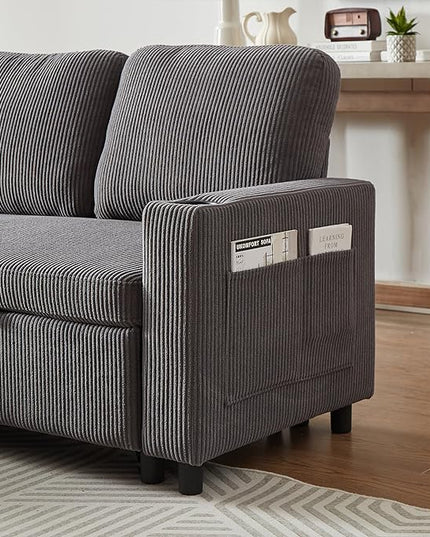 3 Seater Reversible Sleeper Sectional Sofa Bed with Storage Chaise Lounge and Cupholders, Corduroy Upholstered Convertible Sofabed Corner Couch,L Shaped Sofá for Living Room Office, Grey 78.5" - LeafyLoom