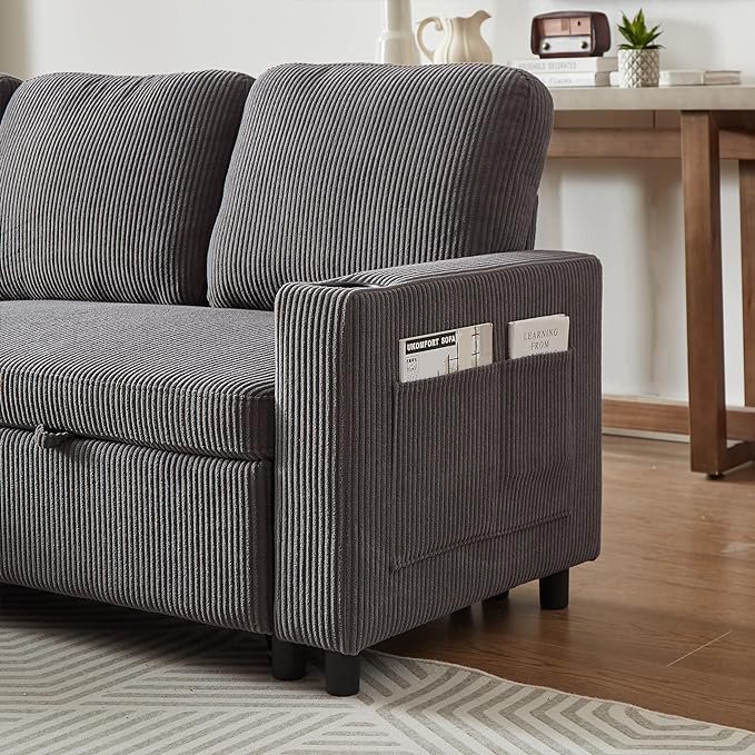 3 Seater Reversible Sleeper Sectional Sofa Bed with Storage Chaise Lounge and Cupholders, Corduroy Upholstered Convertible Sofabed Corner Couch,L Shaped Sofá for Living Room Office, Grey 78.5" - LeafyLoom