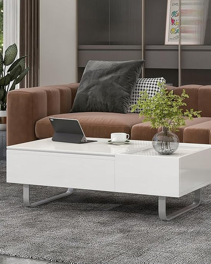 Lift Top Coffee Table, 45 Inch Contemporary Center Table with Drawer and Metal Frame Legs, High-Gloss Surface Coffee Tables for Living Room, White - LeafyLoom