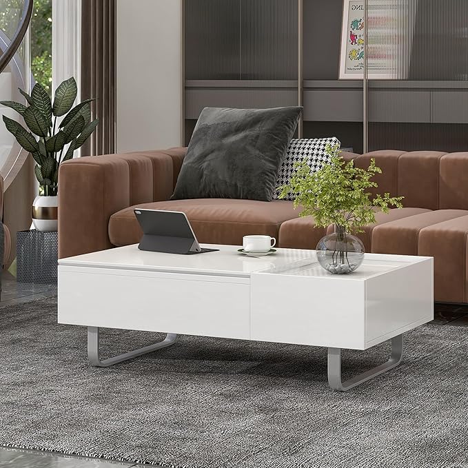 Lift Top Coffee Table, 45 Inch Contemporary Center Table with Drawer and Metal Frame Legs, High-Gloss Surface Coffee Tables for Living Room, White - LeafyLoom