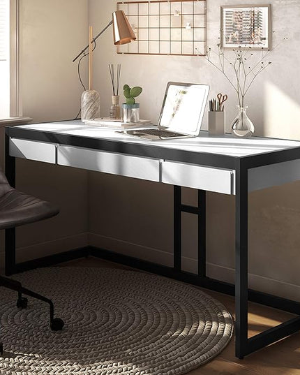 SIMPLIHOME Erina SOLID WOOD and Metal Modern Industrial 60 inch Wide Home Office Desk, Writing Table, Workstation, Study Table Furniture in Distressed White with 2 Drawers - LeafyLoom