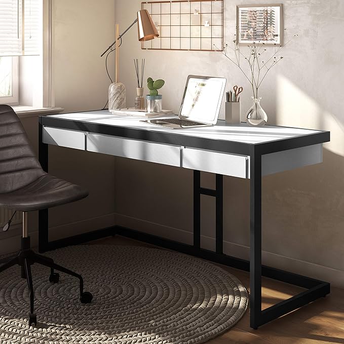SIMPLIHOME Erina SOLID WOOD and Metal Modern Industrial 60 inch Wide Home Office Desk, Writing Table, Workstation, Study Table Furniture in Distressed White with 2 Drawers - LeafyLoom