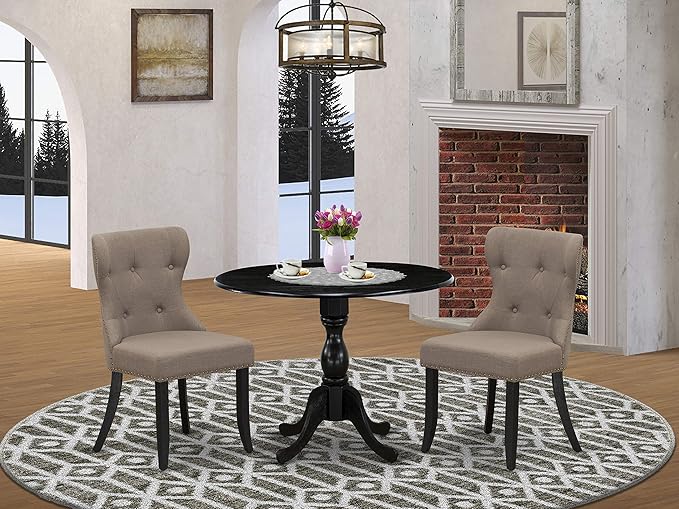 East West Furniture DMSI3-ABK-48 3 Piece Dining Table Set for Small Spaces Contains a Round Dining Room Table with Dropleaf and 2 Coffee Linen Fabric Parson Chairs, 42x42 Inch, Wirebrushed Black - LeafyLoom