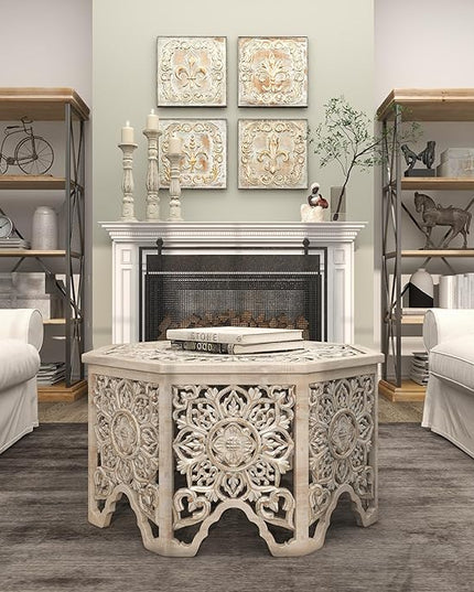 Deco 79 Wooden Floral Handmade Living Room Coffee Table Intricately Carved Table with Hollow Interior, Center Table 33" x 33" x 18", Light Gray - LeafyLoom