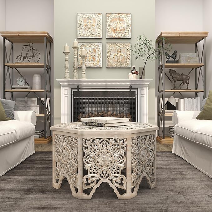 Deco 79 Wooden Floral Handmade Living Room Coffee Table Intricately Carved Table with Hollow Interior, Center Table 33" x 33" x 18", Light Gray - LeafyLoom