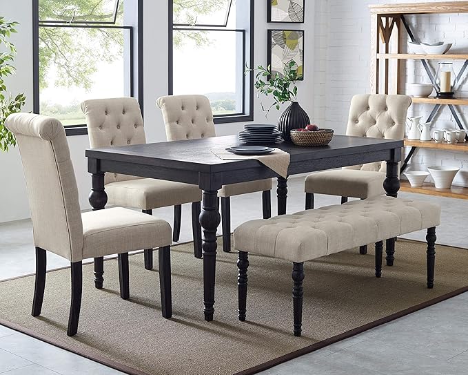 Roundhill Furniture Leviton Urban Style Dark Washed Wood Dining Set: Table, 4 Chairs and Bench, Tan - LeafyLoom