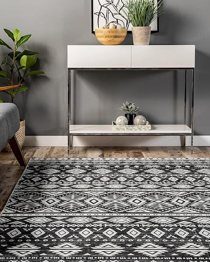 nuLOOM Madlyn Tribal Machine Washable Ultra Thin Area Rug, 4' x 6', Charcoal - LeafyLoom