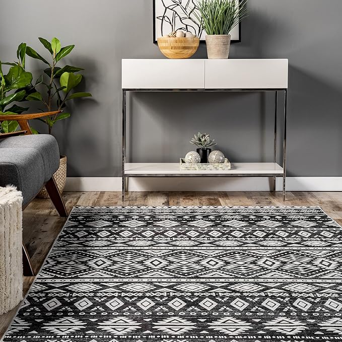 nuLOOM Madlyn Tribal Machine Washable Ultra Thin Area Rug, 6' x 9', Charcoal - LeafyLoom