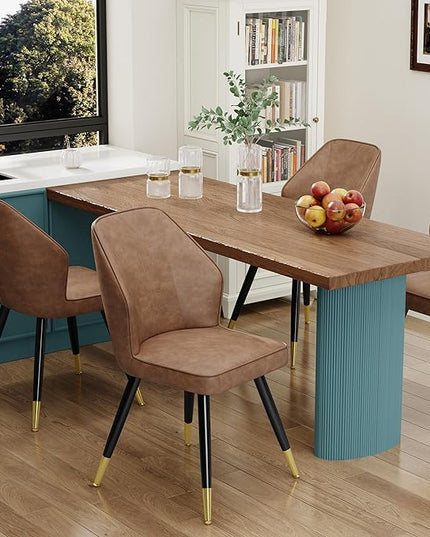 Brown Faux Leather Dining Chairs Set of 2, Mid Century Modern Kitchen Dining Room Chairs Upholstered Armless Accent Side Chairs with Metal Legs - LeafyLoom