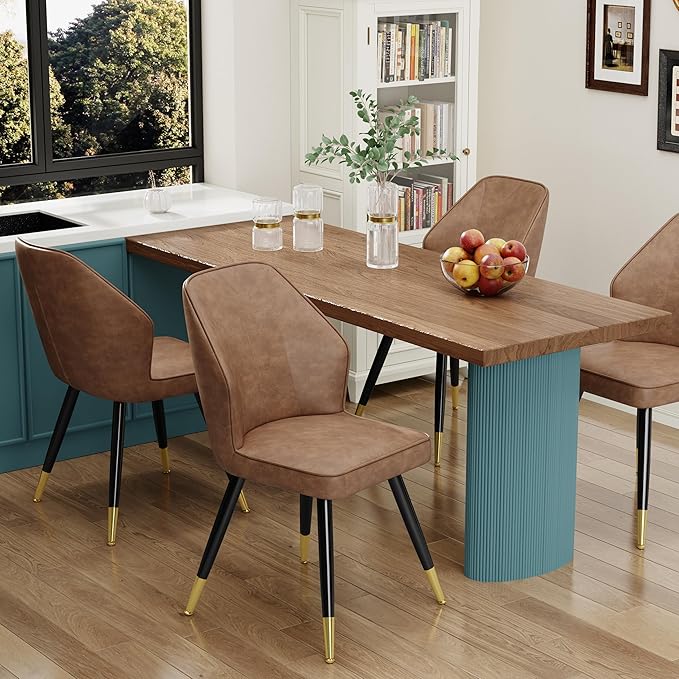 Brown Faux Leather Dining Chairs Set of 2, Mid Century Modern Kitchen Dining Room Chairs Upholstered Armless Accent Side Chairs with Metal Legs - LeafyLoom