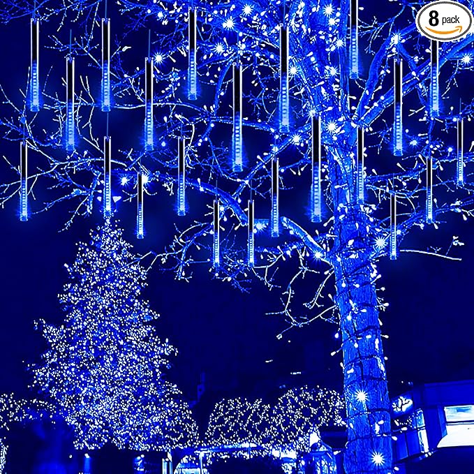 Kwaiffeo Christmas Lights, Meteor Shower Lights 12 inch 8 Tube Rain Falling Icicle Cascading Lights for Xmas Tree Halloween Decoration Wedding Party, Christmas Decorations Outdoor Yard, UL Plug Blue Kwaiffeo