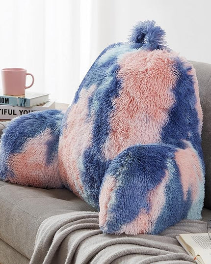 Faux Fur Reading Pillows - Big Size 30x17x17 Inches with Premium Pure White Micro Fiber Stuffing, Students & Kids Backrest Pillow, Bed Rest Pillow, Unique Colorful Design, Awesome Gift - LeafyLoom