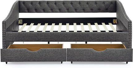 Full Size Daybed with 2 Drawers, Upholstered Tufted Day Bed, with Button Back and Waved Shape Arms, Wood Slat Support, No Spring Box Need, for Bedroom, Livingroom - LeafyLoom