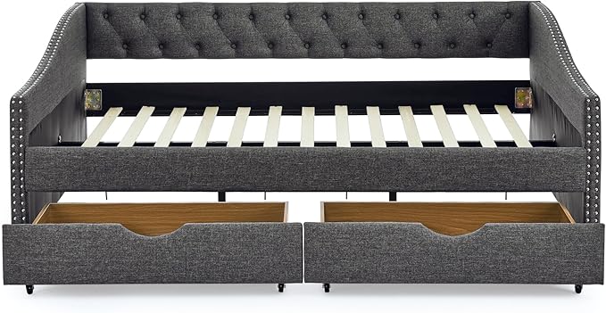 Full Size Daybed with 2 Drawers, Upholstered Tufted Day Bed, with Button Back and Waved Shape Arms, Wood Slat Support, No Spring Box Need, for Bedroom, Livingroom - LeafyLoom