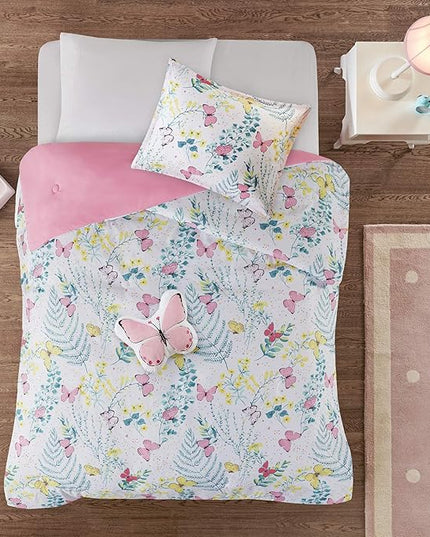Mi Zone Kids Cynthia Comforter for Girls Microfiber Animal Butterfly Print, Modern All Season Down Alternative Kids Bed Set, Matching Sham, Decorative Pillow, Full/Queen, Pink 4 Piece - LeafyLoom