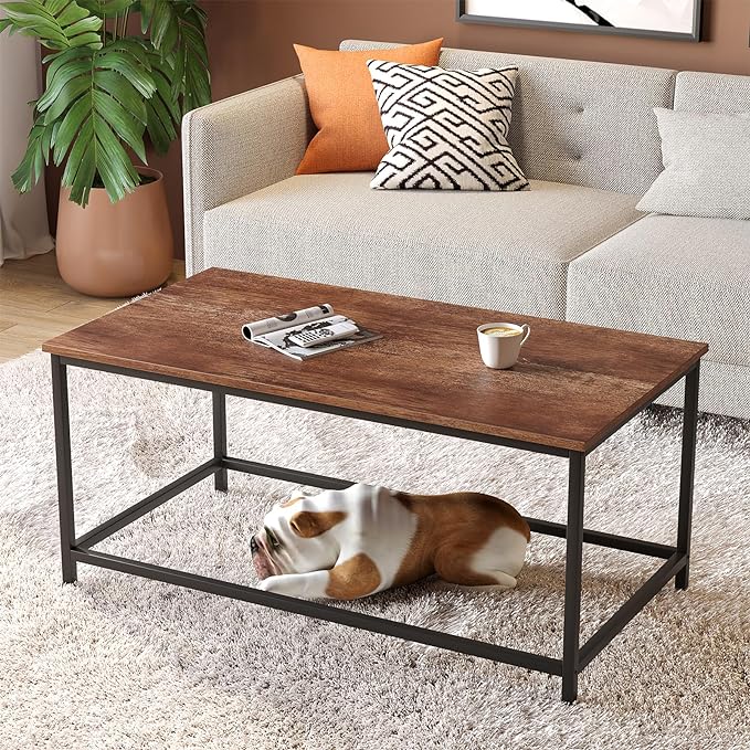 SAYGOER Coffee Table Simple Modern Rectangular Center Table Open Space Minimalist for Living Room Home Office Industrial Cocktail Tables, Dark Walnut - LeafyLoom