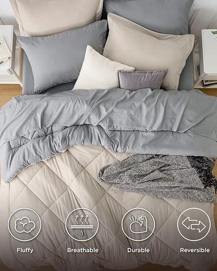 Bedsure Beige Twin Comforter Sets - 5 Pieces Reversible Twin Bedding Sets for College, Beige Extra Long Bed Set Twin with Comforters, Sheets, Pillowcase & Sham - LeafyLoom