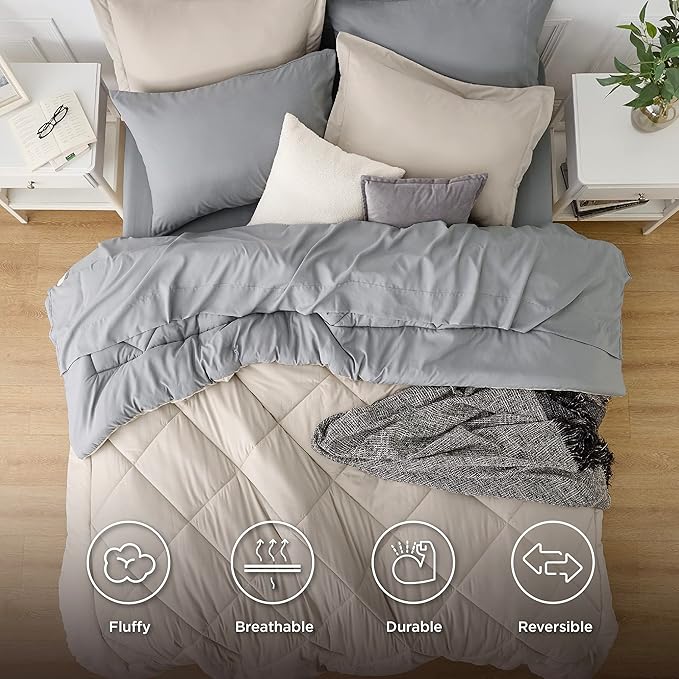 Bedsure Beige Twin Comforter Sets - 5 Pieces Reversible Twin Bedding Sets for College, Beige Extra Long Bed Set Twin with Comforters, Sheets, Pillowcase & Sham - LeafyLoom