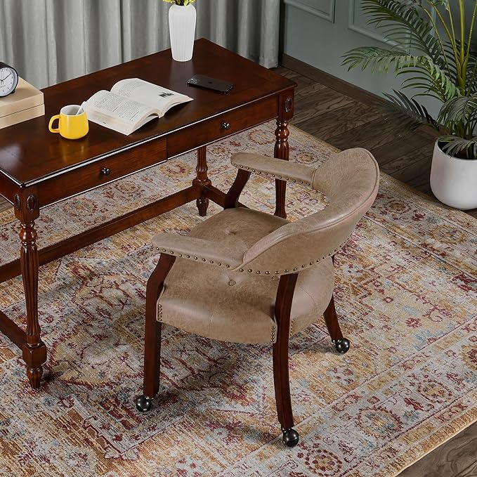 Dining Chairs with Casters and Arms, Rolling Dining Chairs with Wheels, Solid Wood Office Desk Chairs, 26“Dx25.2 Wx31.5“H, Cherry Legs & Yellowish Brown Fabric SY-1533-LT - LeafyLoom