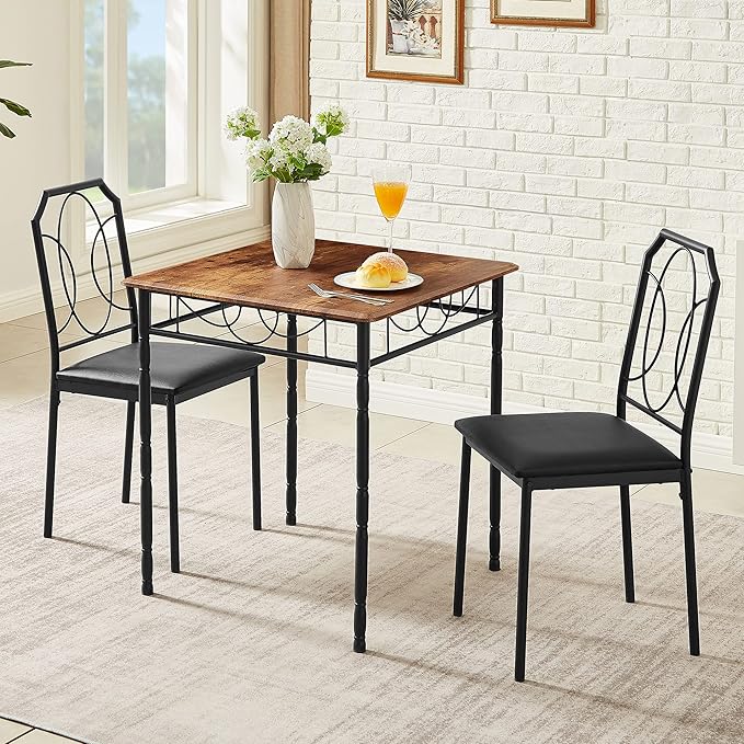 VECELO 3 Pieces Sets,43.3" Table&Chairs for 2,Industrial Counter Height Tabletop with Bar Stools, Rectangle Breakfast Chairs, Living Room, Apartment, Dining Table for 2, Brown - LeafyLoom