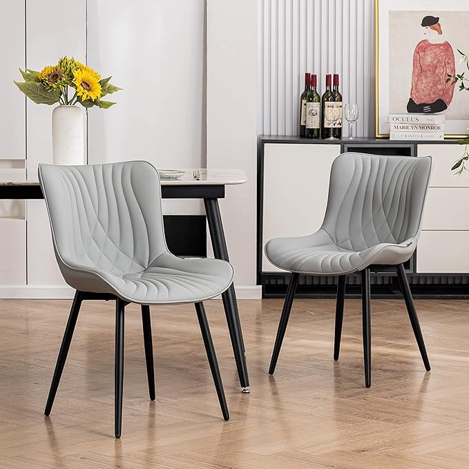 YOUTASTE Grey Dining Chairs Set of 2 Faux Leather Upholstered Kitchen Dining Room Chairs Mid Century Modern Metal Legs Chairs High Back for Kitchen Restaurant Living Room Bedrooms - LeafyLoom