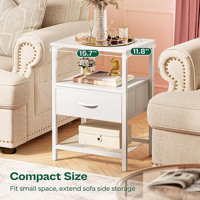 Nightstand Set of 2, Night Stand with Fabric Drawer, Mesh Shelf, Side Table with Storage, Fabric Drawer Dresser, Open Shelf, Metal Frame, Bedroom, White - LeafyLoom