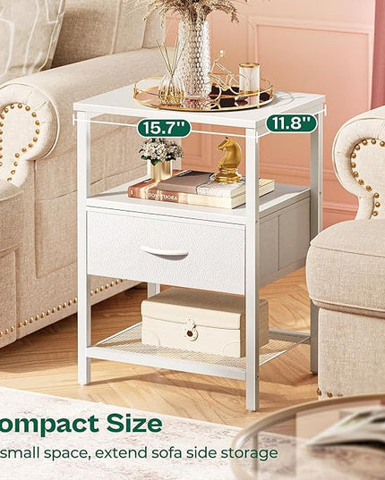 Night Stand with Fabric Drawer, Side Table with Mesh Shelf, Bedroom Nightstand, Fabric Drawer Dresser, Open Shelf, Metal Frame, Couch Side, White - LeafyLoom