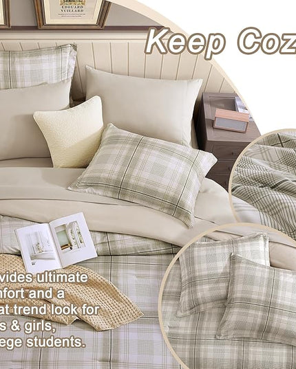 Beige Comforter Full Size, Khaki Green Plaid Full Size Comforter Sets for Boys & Girls,Classic Homestead-style Bedding Sets Full with Full Size Bed Sheets and Comforter Set - LeafyLoom