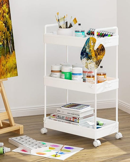 Ronlap 3 Tier Classic Storage Rolling Cart Slim Storage Cart with Wheels Slide Out Storage Rolling Cart Organizer Plastic for Bathroom Laundry, White - LeafyLoom